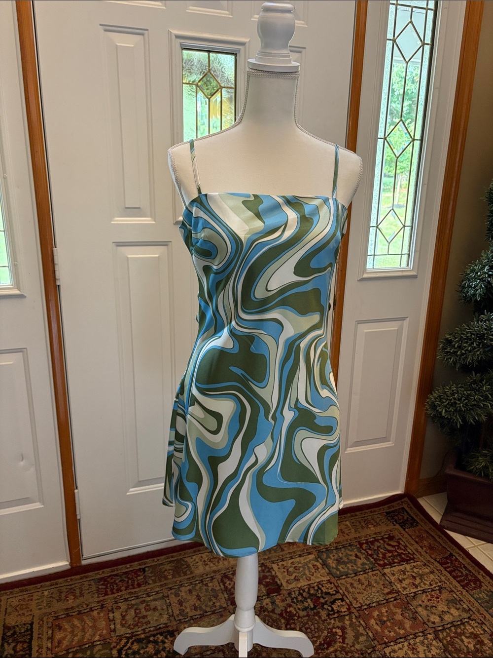 Dress Forum Blue, Green & Cream Swirl Mini Slip Dress